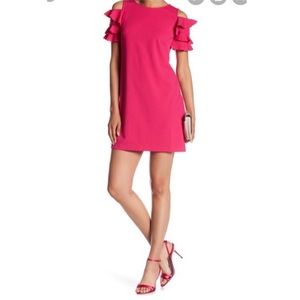 London Times Women's Cold Shoulder Ruffle Sleeve Dress Pink sz 12